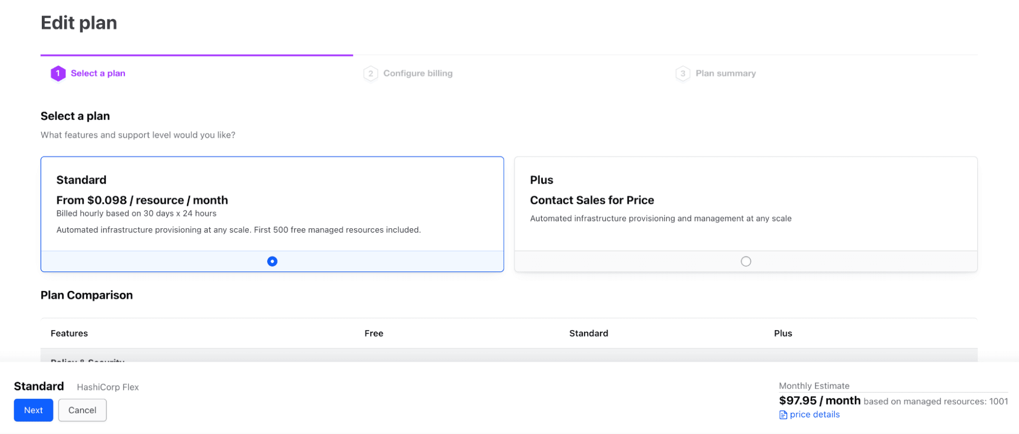 Screenshot: The screen for an HCP Terraform user to choose to upgrade their plan. Two plans are shown. The first is the Standard Edition, listed with the cost per resource per month. The second option is the Plus Edition, instructing the user to contact sales for a price.