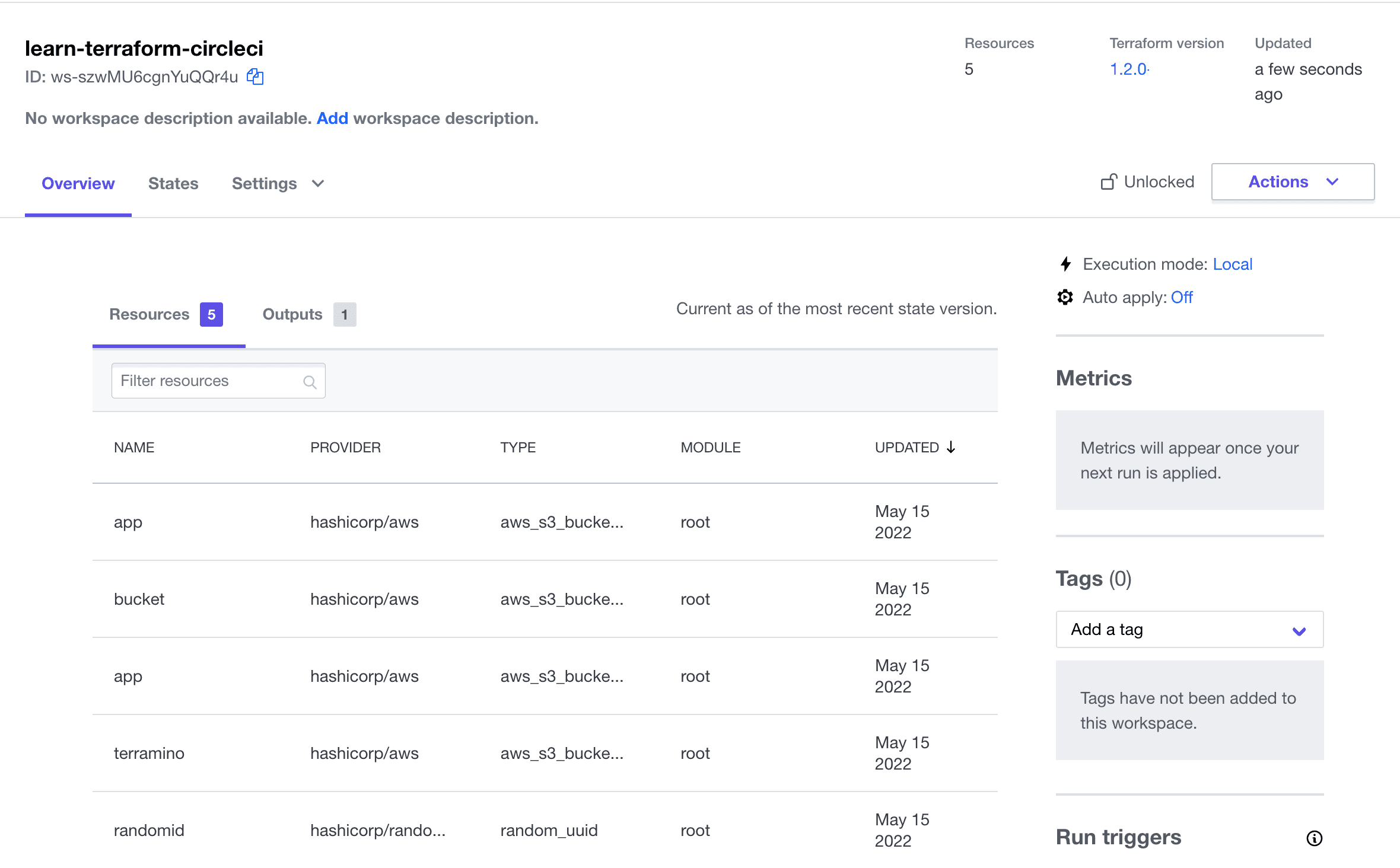 HCP Terraform workspace showing resources